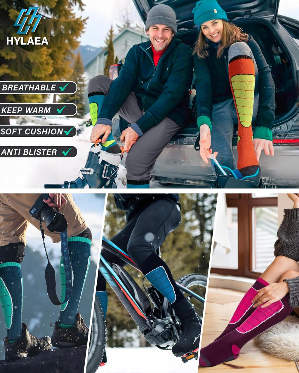 Hylaea Unisex Knee High Merino Wool Ski Snowboard Socks, Cushioning & Warm