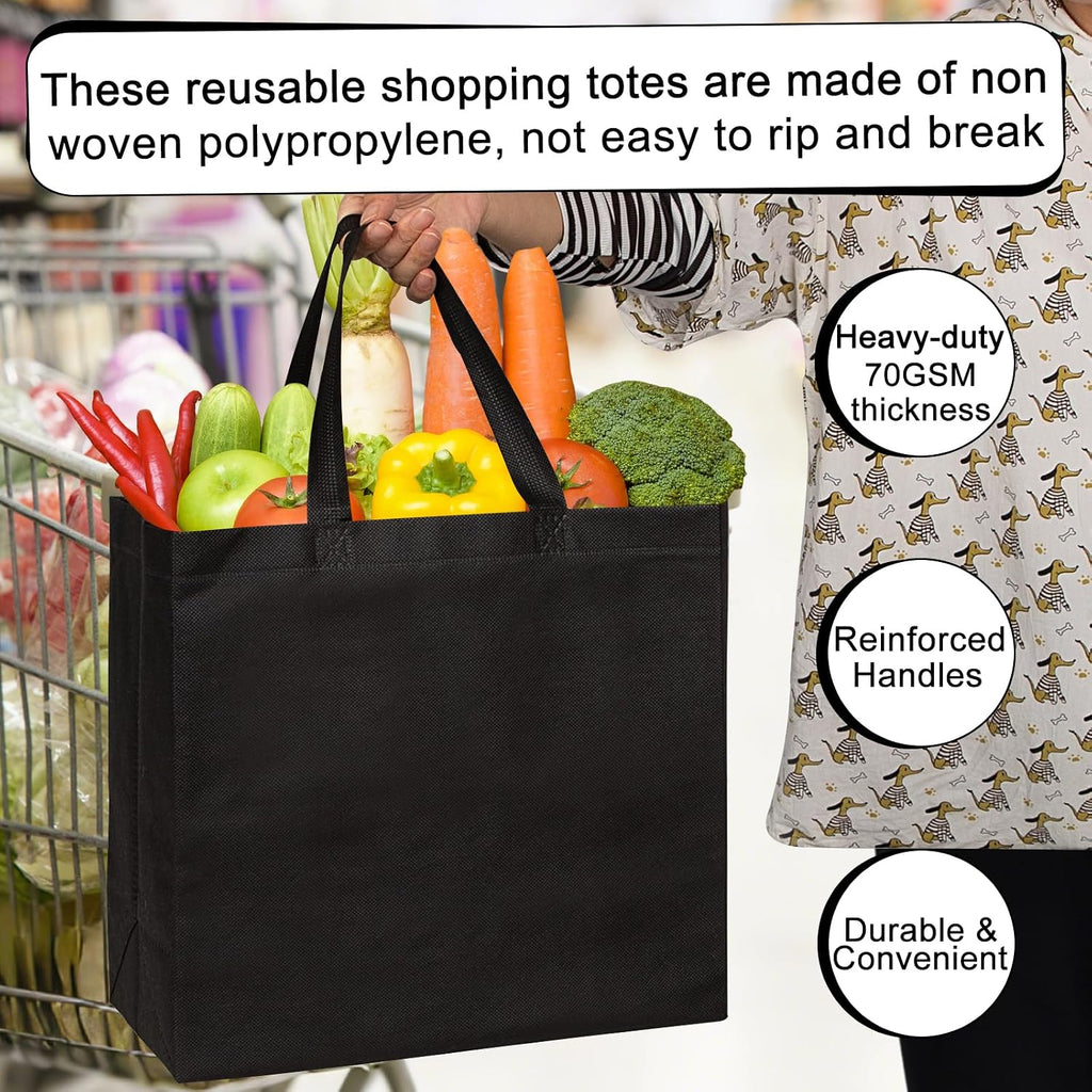 JERIA Black Reusable Totes Bag with Reinforced Handles Non Woven Bulk Shopping Bags