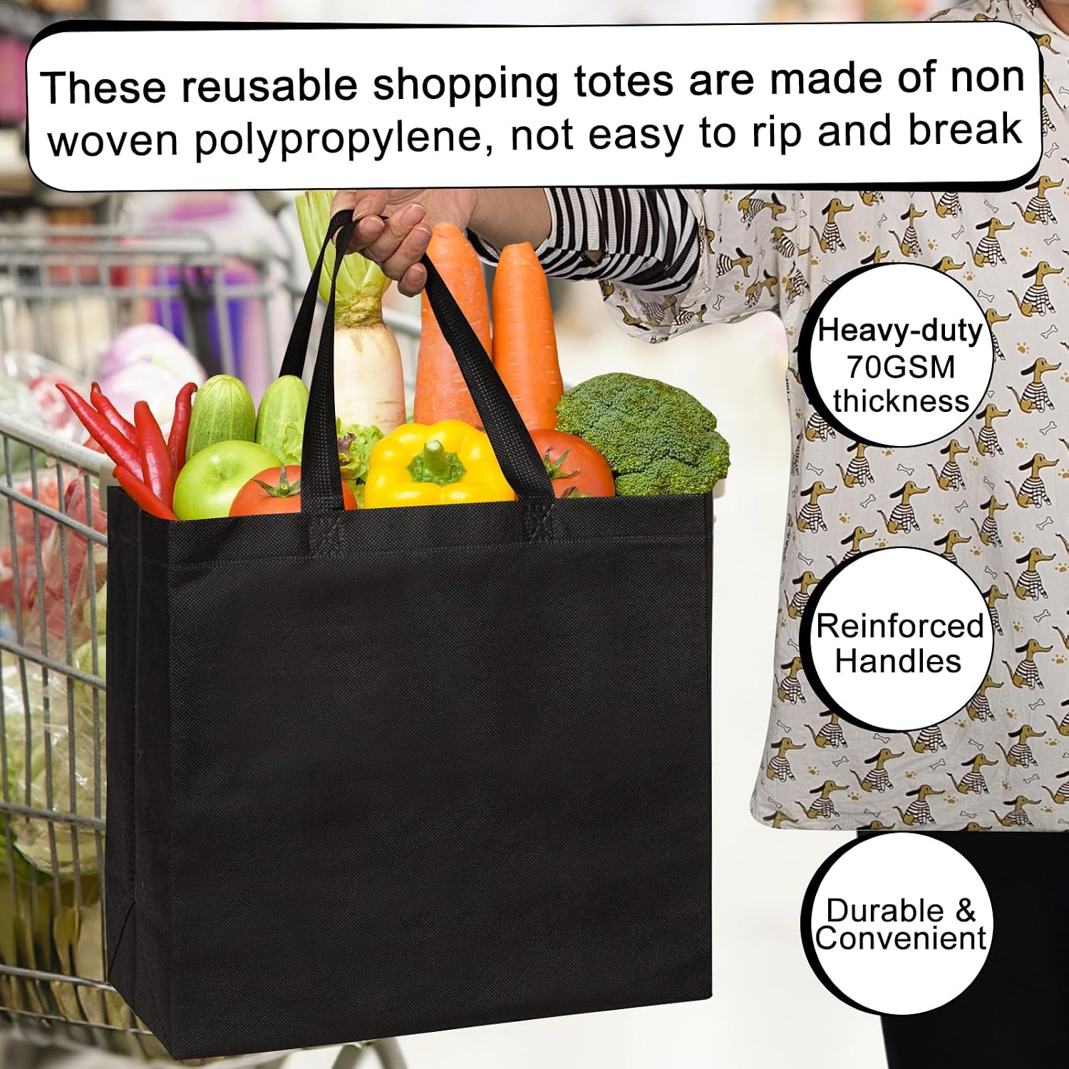 JERIA Black Reusable Totes Bag with Reinforced Handles Non Woven Bulk Shopping Bags