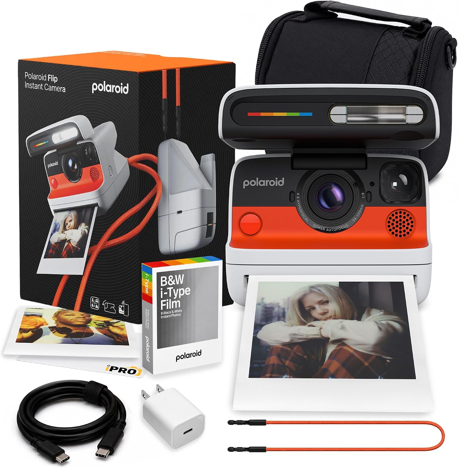 Polaroid Flip Instant Camera in Black with 4-Lens System + 16 Film Bundle | Instant Camera for Travel, Parties &amp; Creative Photography, Sonar Autofocus, Compatible with i-Type &amp; 600 Film