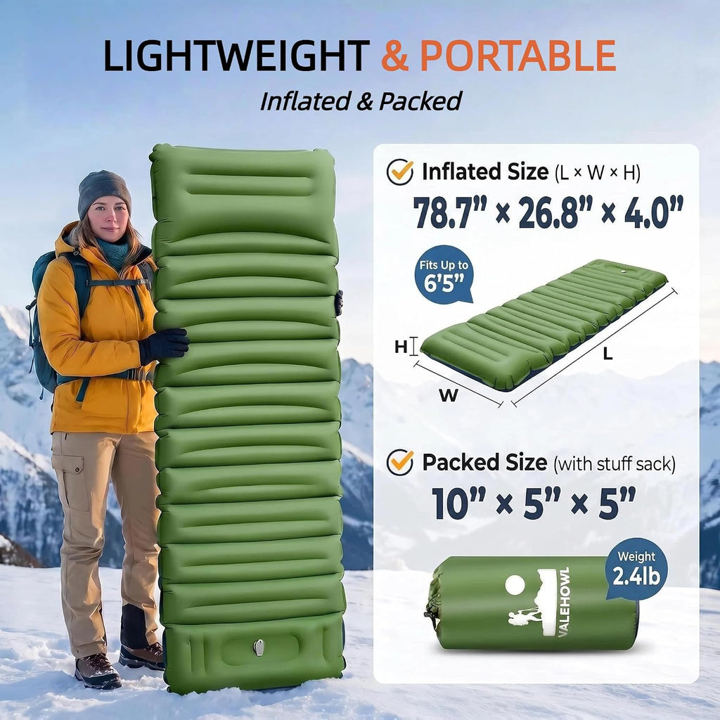 4" Thick Camping Sleeping Pad, R4.0 Compact Air Mattress for Tent