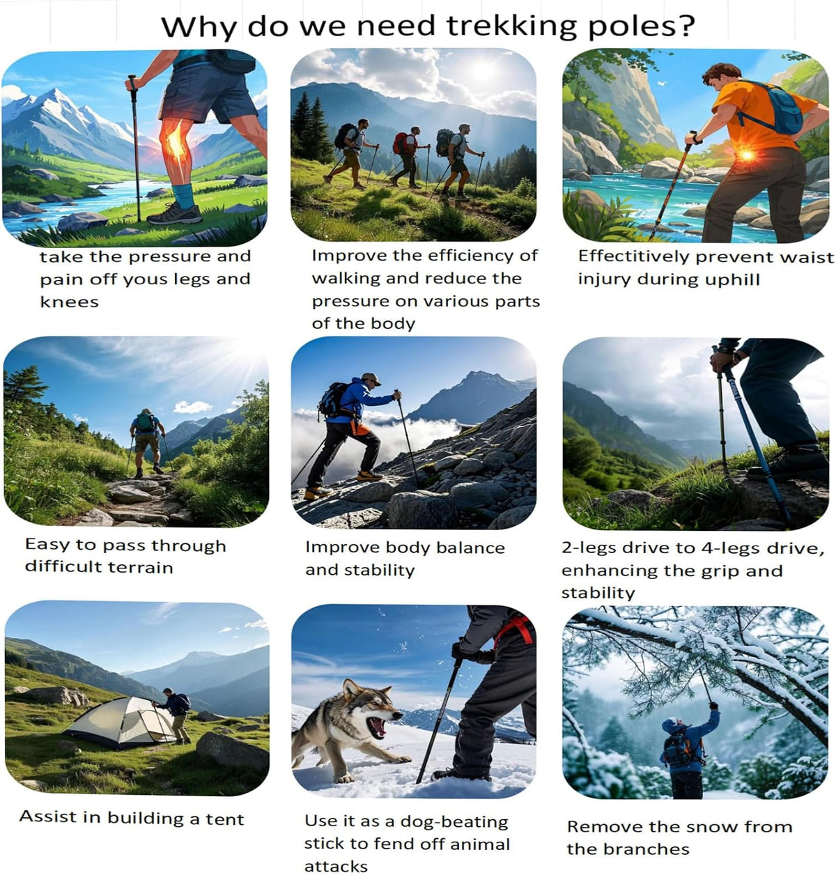 Trekking Poles w/1/4 Camera Screw, Collapsible Hiking Poles for Women