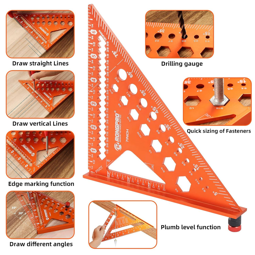 2pcs Rafter Square, 12-inch & 7-inch Carpenter Sqaure Set withWoodworking Pencil, Carpenter Measuring Layout Tool,Aluminum Alloy Triangle Ruler for Woodworking- Imperial