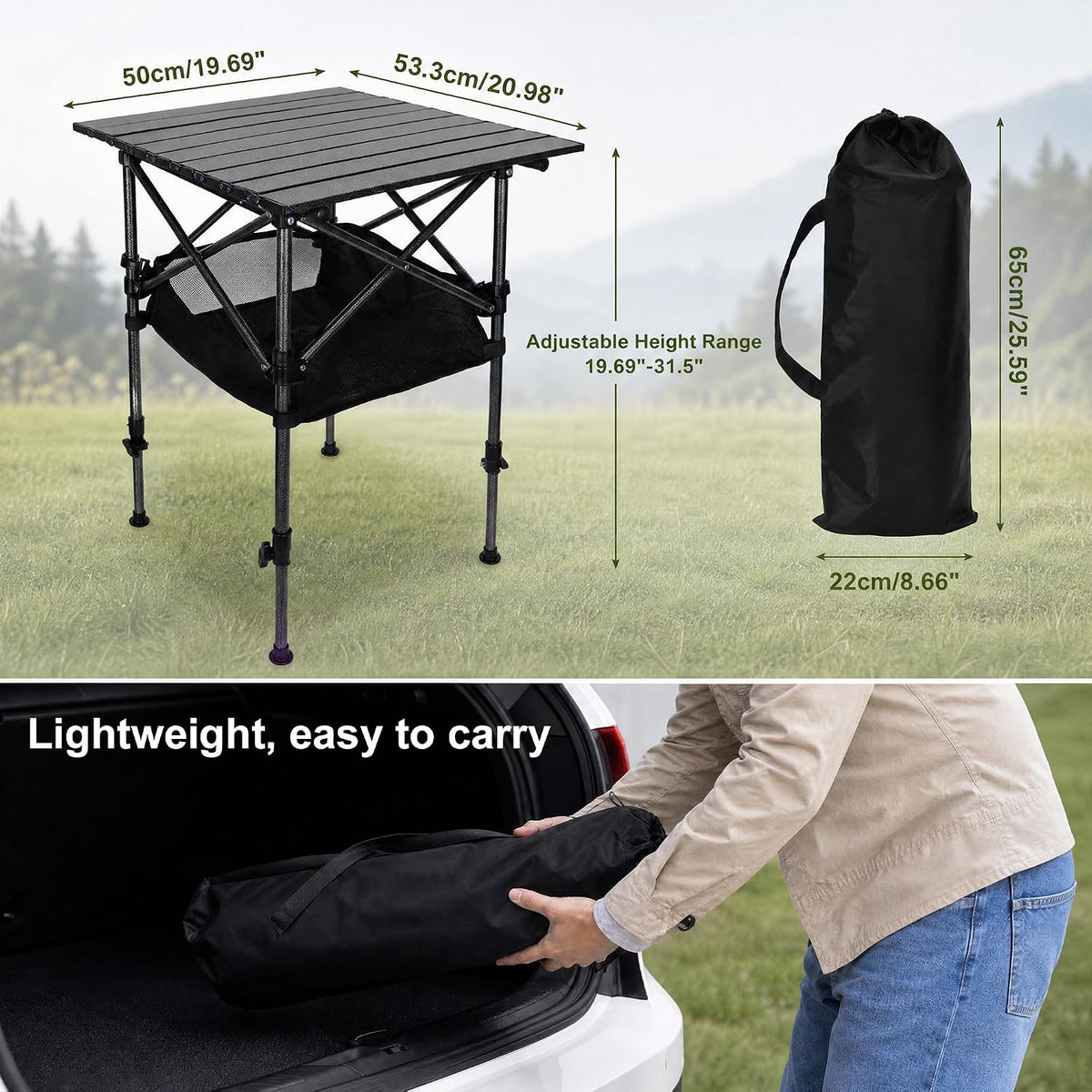 19.7"L x 20.9"W Folding Camping Table with Adjustable Height Black