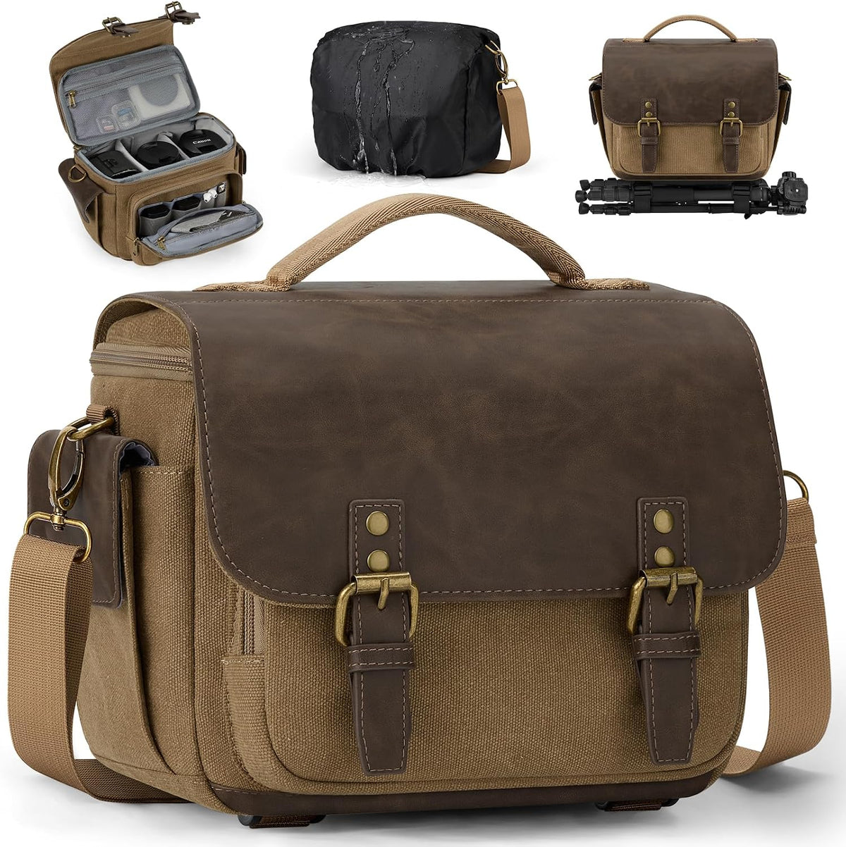 RAINSMORE Camera Bag, Vintage Canvas Camera Sling Bag Crossbody Camera Case