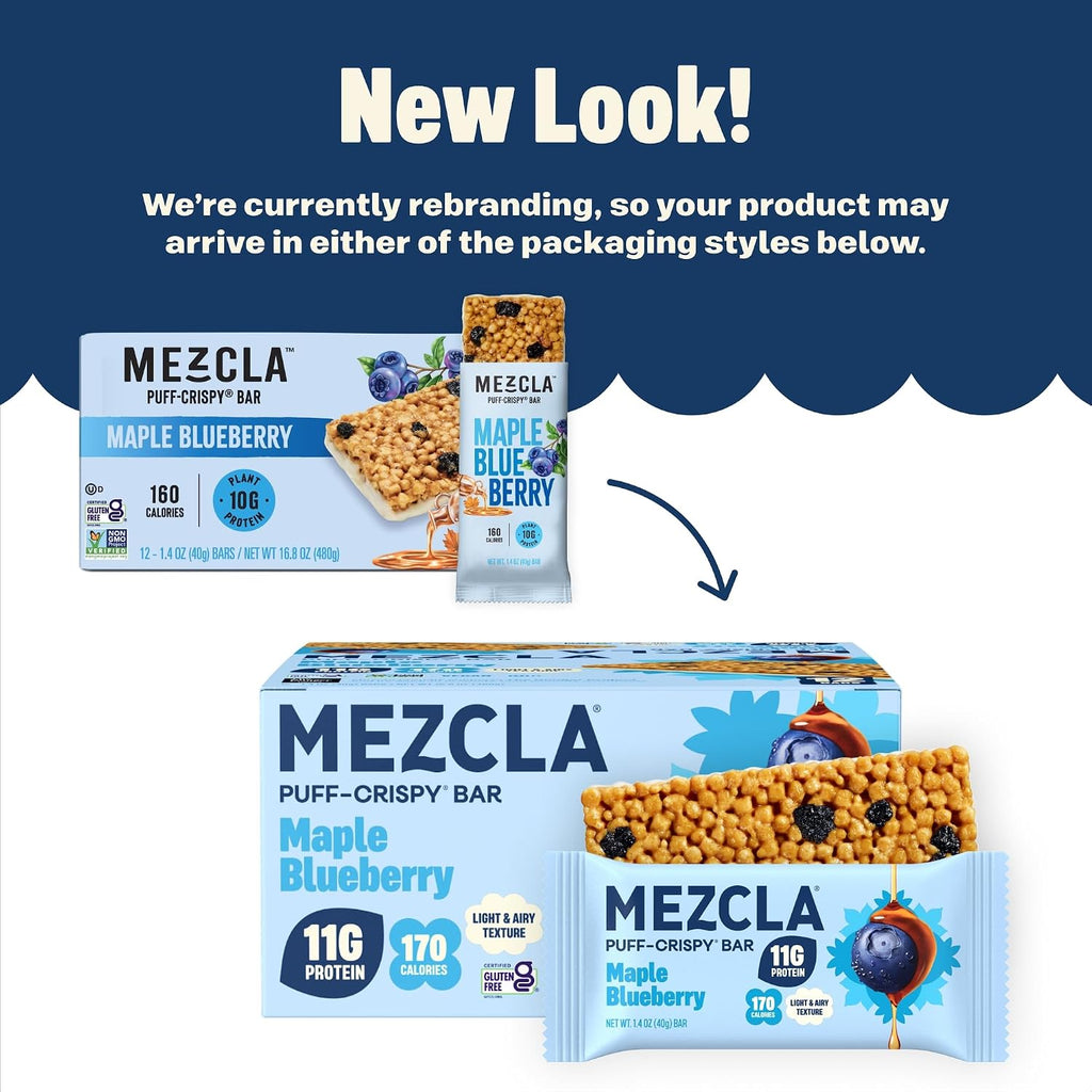 Mezcla Maple Blueberry Puff Crispy Vegan Bars, 11g Protein, 12 Bars