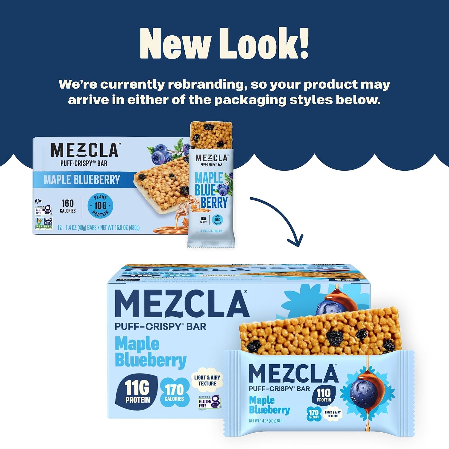 Mezcla Maple Blueberry Puff Crispy Vegan Bars, 11g Protein, 12 Bars
