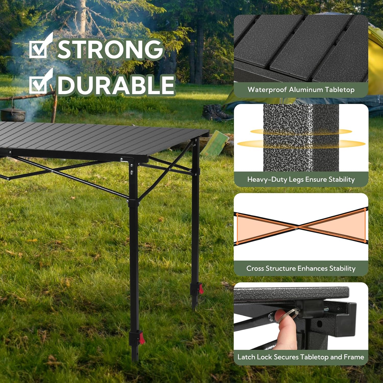 Portable Outdoor Adjustable Height Camping Table, Large for 2-6 Person