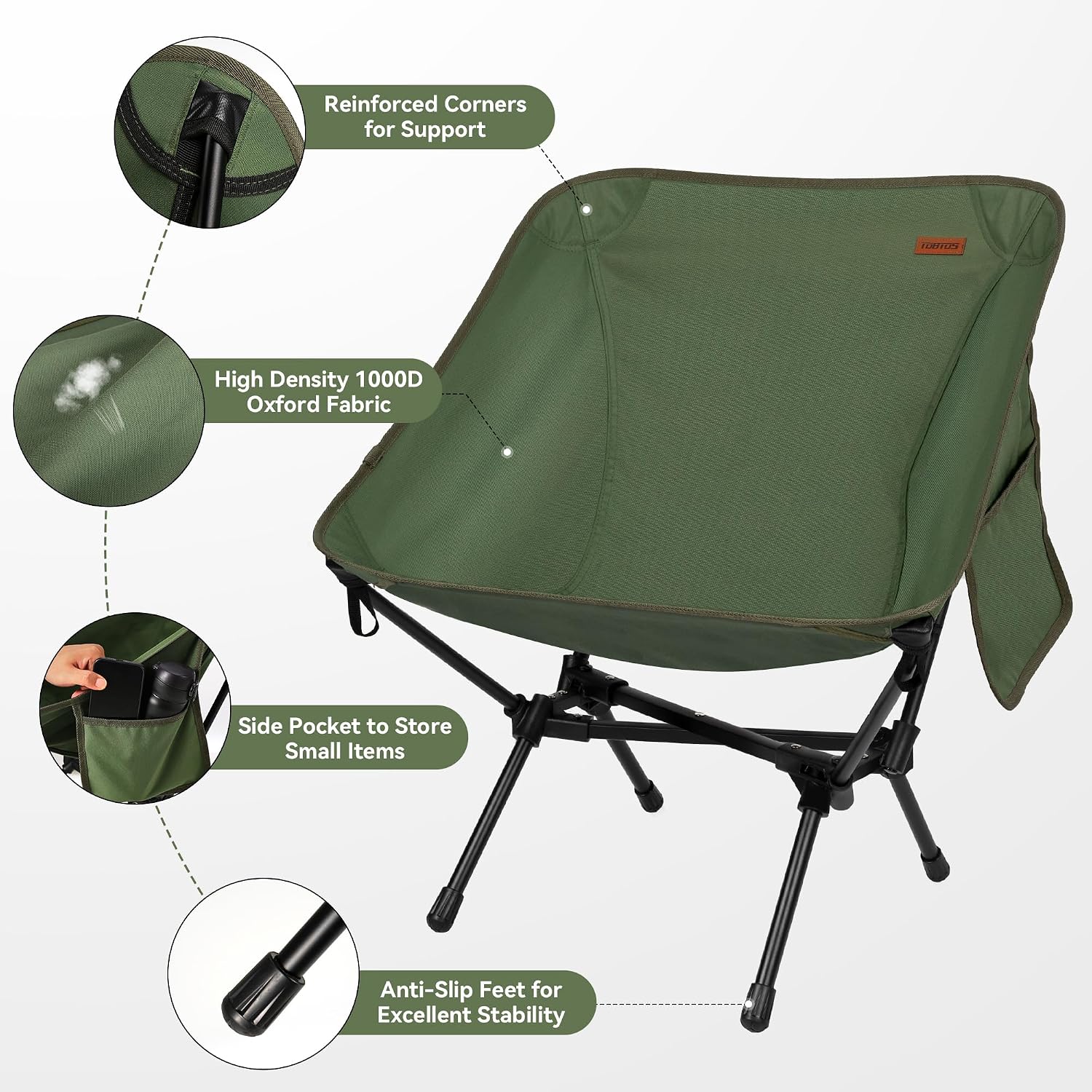 TOBTOS Ultralight Camping Chair, Portable Folding Chair Support 330 lbs, Compact Backpacking Chair with Carry Bag for Hiking Travel (Green)
