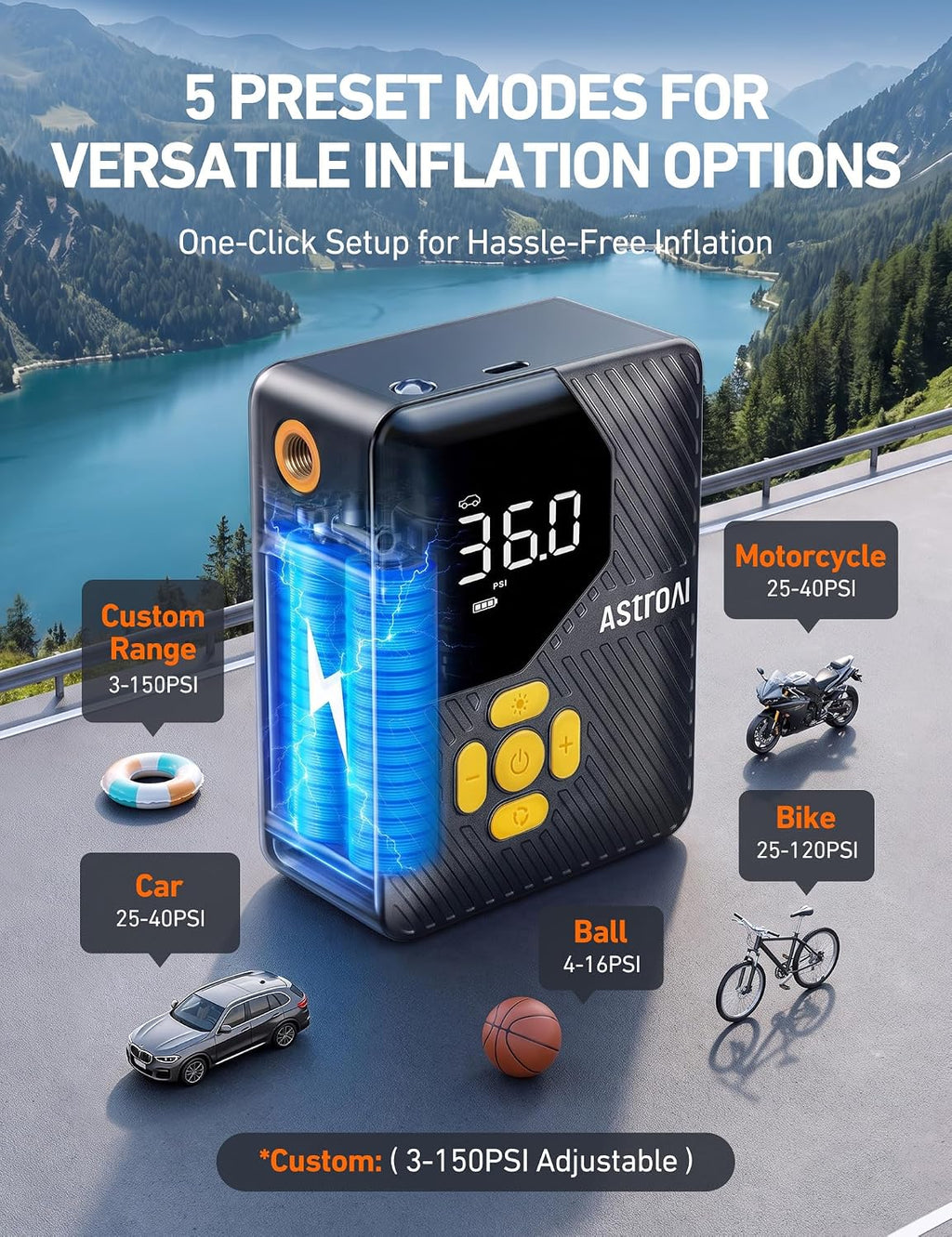 AstroAI 150 PSI Tire Inflator Portable Air Compressor, Fast Inflation Pump