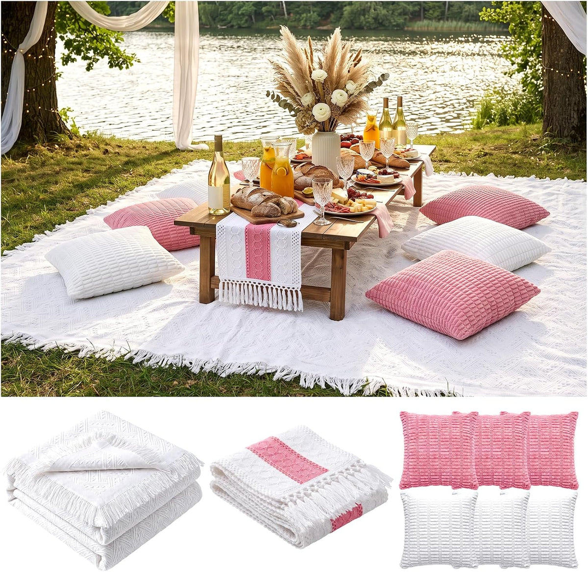 RYCHIC Extra Large Outdoor Boho Picnic Blanket with Table Runner and 6 Throw Pillows Covers for Outdoor Essentials Beach Accessories Set Oversized Manta Yard Outside Mat Wedding Party Decor Pink