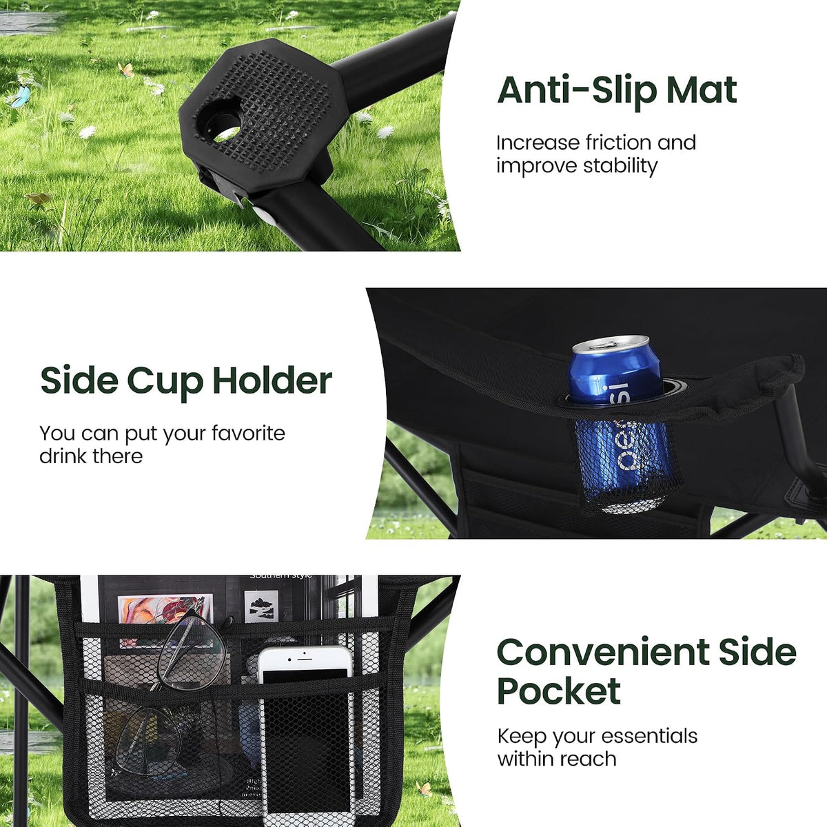 2 Pack Portable Camping Chairs for Adults Lawn Chairs Support 250 lbs Black