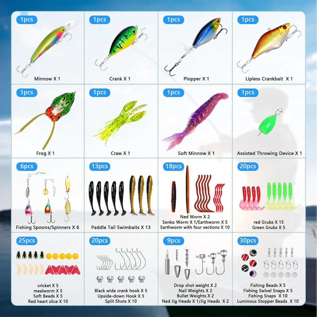FONMANG Fishing Lures - Tackle Box with Tackle Included, Fishing Kit with VIBs, Frogs, Minnows, Soft Baits, Hooks & Weights Accessories, Freshwater Lure Kit for Bass Walleye Trout