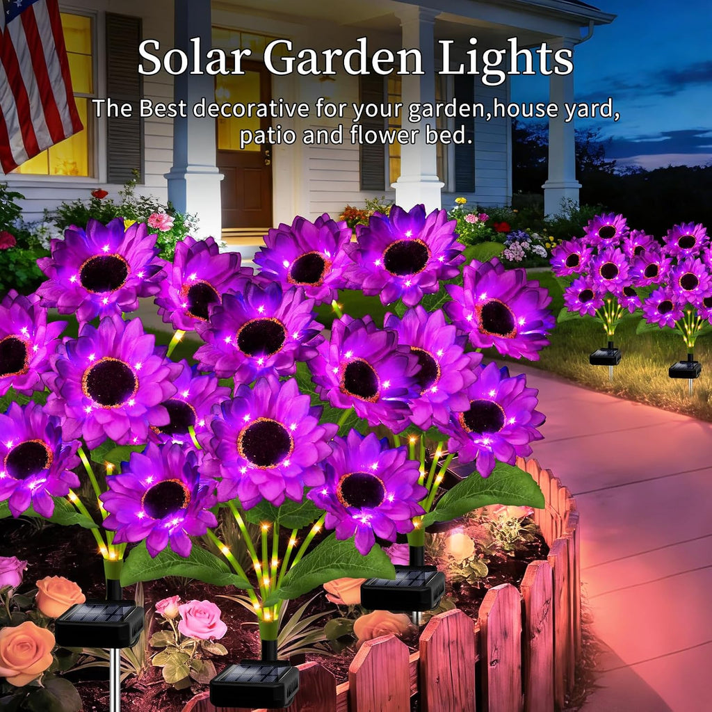Solar Garden Lights Outdoor, 4 Pack Solar Purple Sunflower Lights with 18 Head 3.5 Inch Flowers, Waterproof Flowers Light Fall Decor Auto ON/Off for Garden Yard Patio Backyard, Gifts for Mom Women