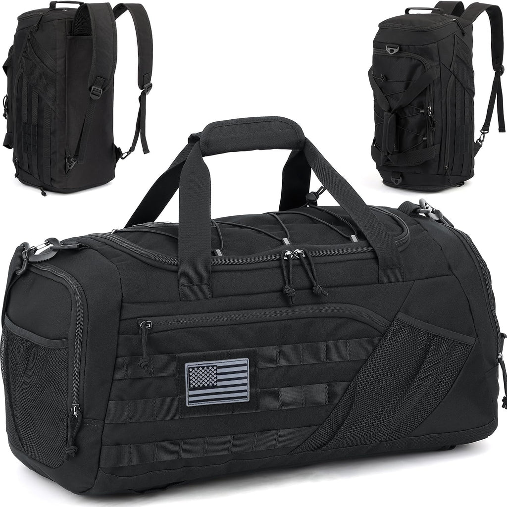 3-in-1 Tactical Gym & Travel Duffle Bag Backpack Men Multi-Functional 45L Military Sports Duffle Bag with Shoe Compartment & Wet Pocket for Workout Weekender Overnight Bag with Molle Webbing, Brown