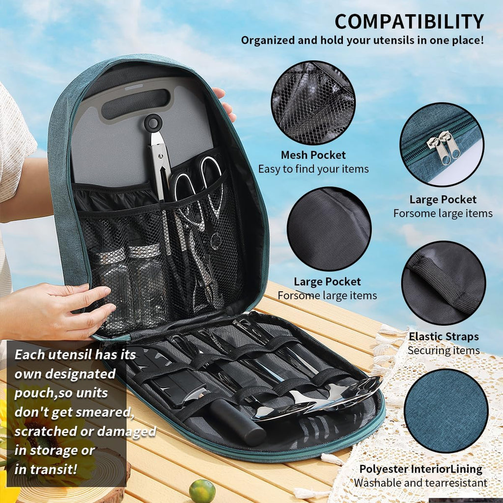 Evanda Camping Kitchen Cooking Utensil Set 10 Piece, Stainless Steel Outdoor Cooking and Grilling Utensil Organizer Travel Set Perfect for Travel, Camping, RVs, BBQs, Picnics, Parties and More