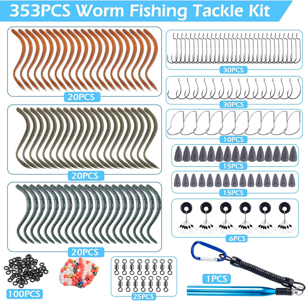 Goture 353PCS Wacky Worm Fishing Lure Kit, Bass Fishing Wacky Rig Tool Kit with Soft Plastics Lures, O-Rings, Offset Worm Hooks, Drop Shot Hooks, Beads, Sinker Weights, 3600 Tackle Box, Gifts of Men