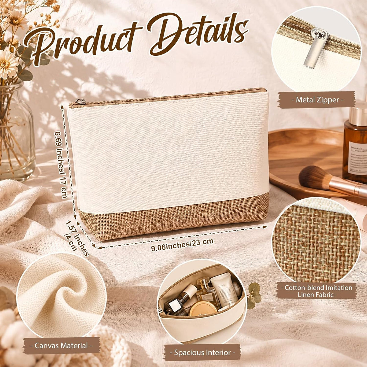 Reginary 10 Pcs Canvas Makeup Bags Bulk Blank Cosmetic Bags,Linen Color