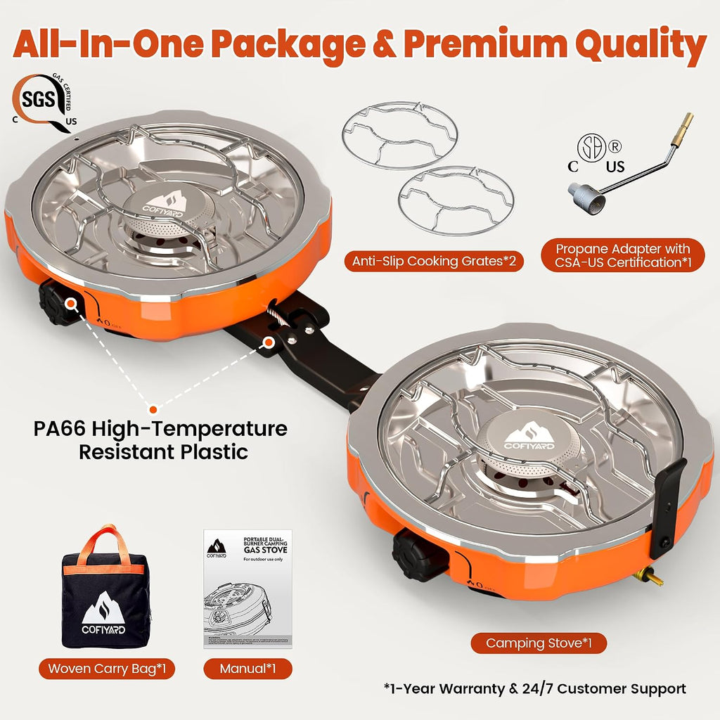 Cofiyard 20,000 BTUs 2 Burner Propane Camping Stove, Portable Folding Camp Stove with Adjustable Burners, Regulator and Carrying Bag, Dual Gas Stoves Easy Carrying Handle for Tailgating, Camping, BBQ