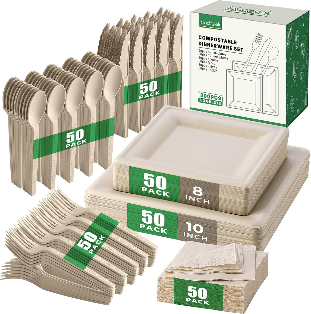 250 Piece Biodegradable Paper Plates Set Disposable Dinnerware Set, Eco Friendly Compostable (EXTRA LONG UTENSILS), Utensil include, Forks, Knives and Spoons for Party andBirthday party, camping