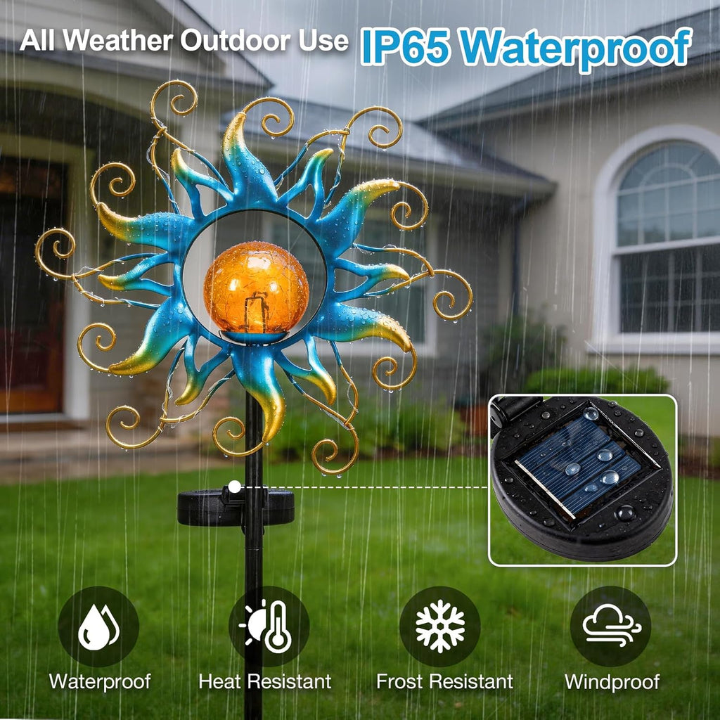 Solar Lights Outdoor Garden Decor, Blue Metal Sun Crackle Glass Globe Stake Waterproof 30LED Decorations Unique Gifts for Women,Mom,Outside, Patio,Lawn,Yard,Pathway