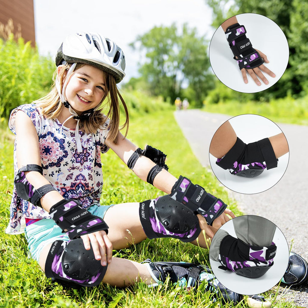 AIDY-PRO Adult/Youth/Kids Knee Pads and Elbow Pads Set Skateboard Protective Gear, 6 in 1 Knee Guards Kids Wrist Guards for Roller Skating Skateboarding Biking