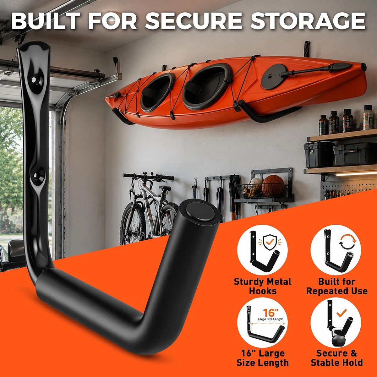 4-Pack Heavy Duty Garage Storage Hooks, 120 LB Capacity Wall Mounted Rack