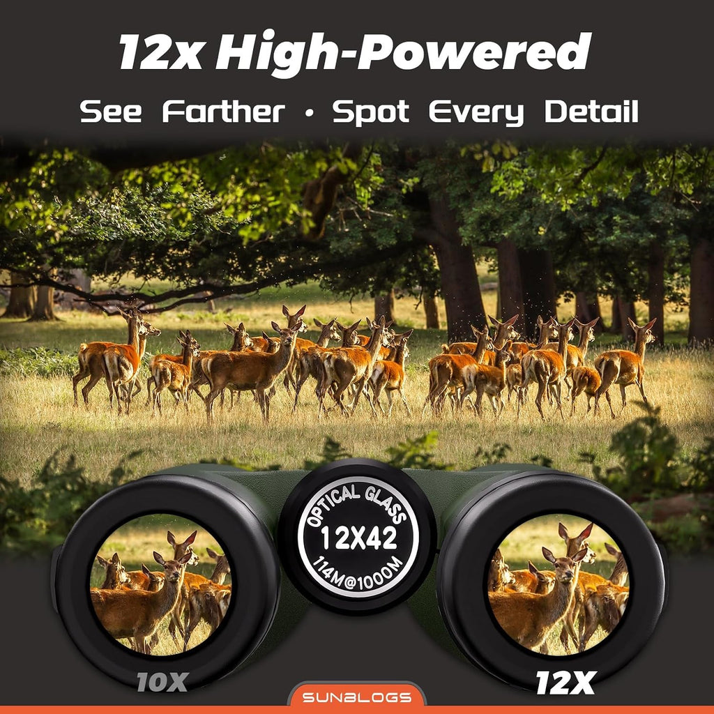 12x42 Binoculars for Adults High Powered, Super Bright BAK4 Prism Waterproof HD Binoculars with Low Light Vision for Bird Watching Hiking Hunting Outdoor Travel Road Trip Stargazing Cruise (Green)
