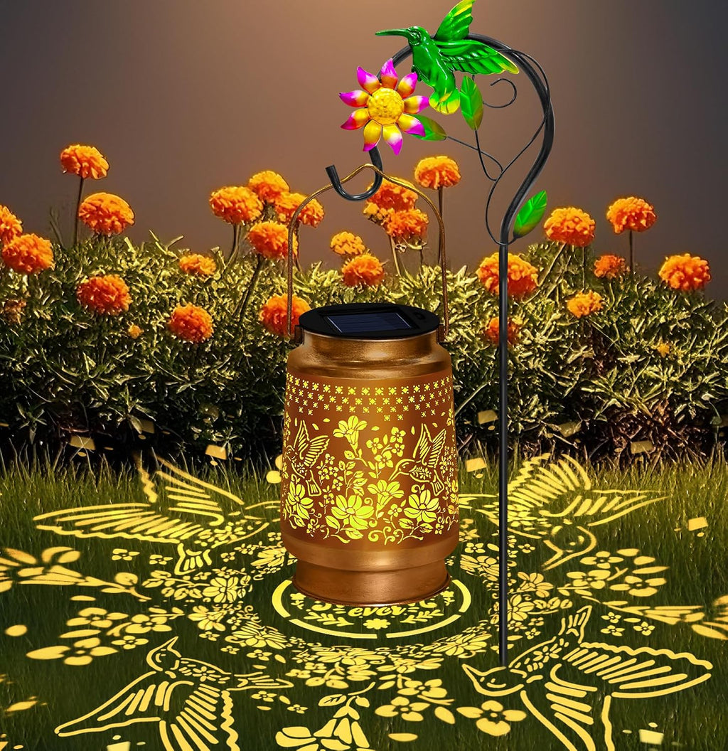 Solar Garden Lights Outdoor Decor, Hummingbird Lantern with Shepherd Hook