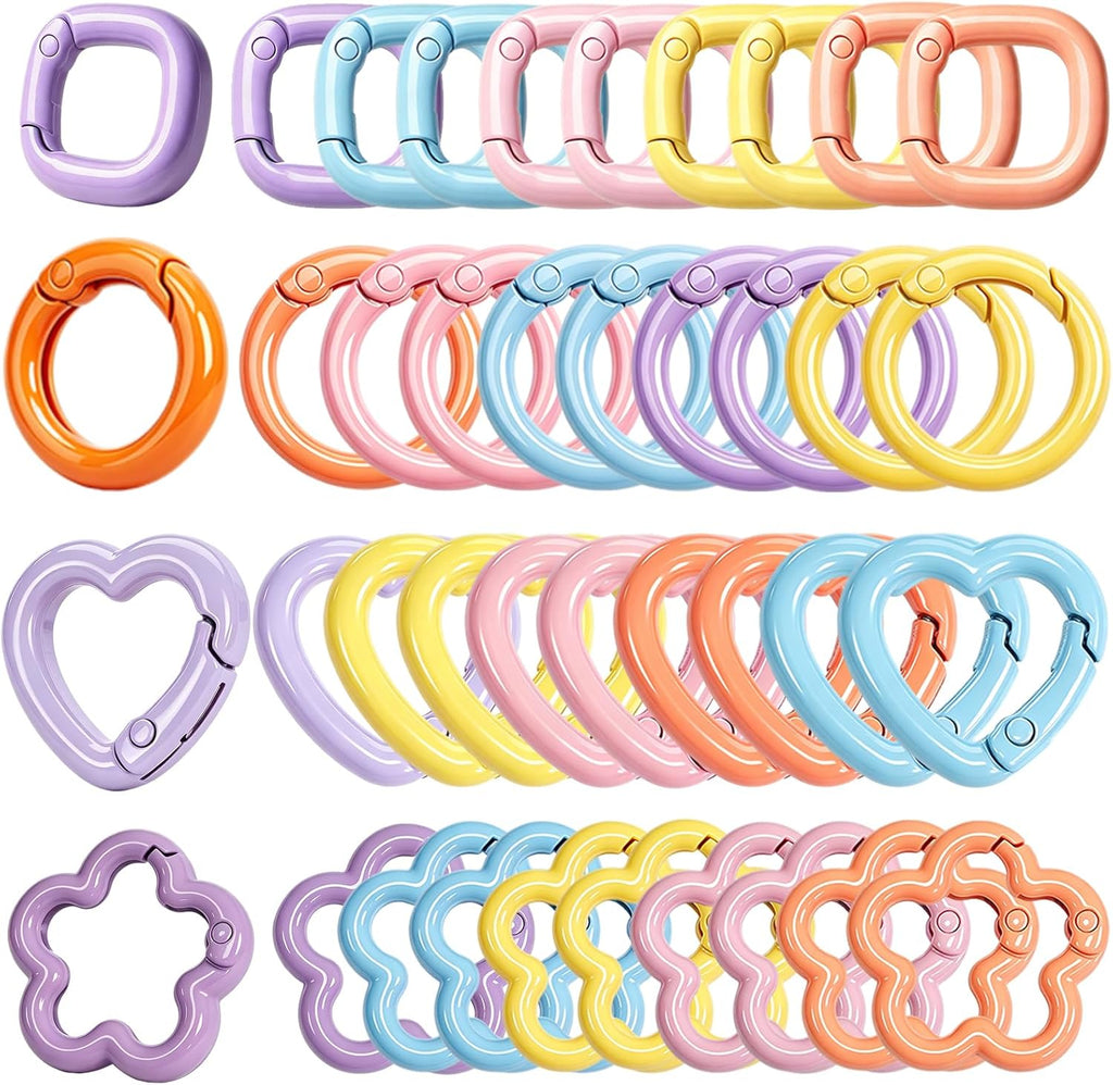 40PCS Carabiner Keyring Clips Metal Keychain Key Chain Rings 4 Shapes, Colorful Spring Snap Hooks for DIY Keychains Accessory Bag Charm Purses Making