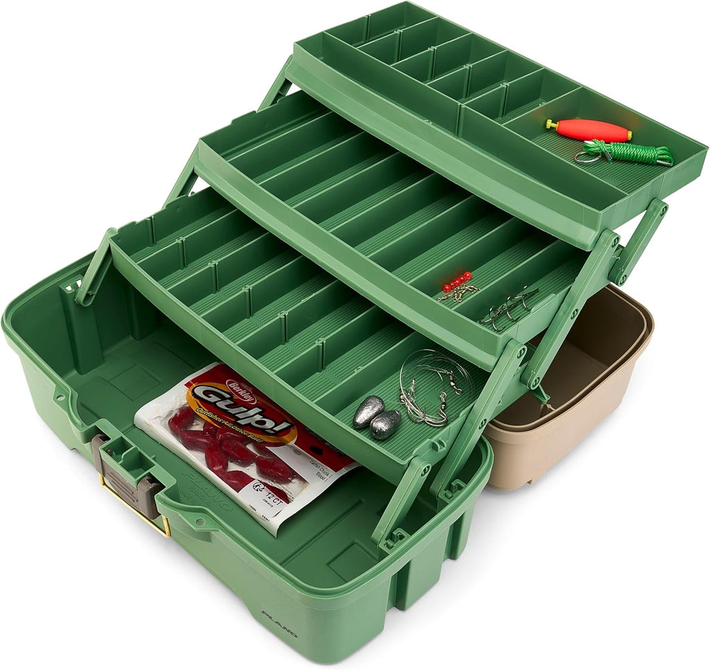 Plano Three-Tray Tackle Box Catfish Kit, Green/Tan, Rust-Proof Brass Latch, Top-Access Tray Compartments with Deep Storage, Made in the USA, Portable Fishing Gear Storage Organizer