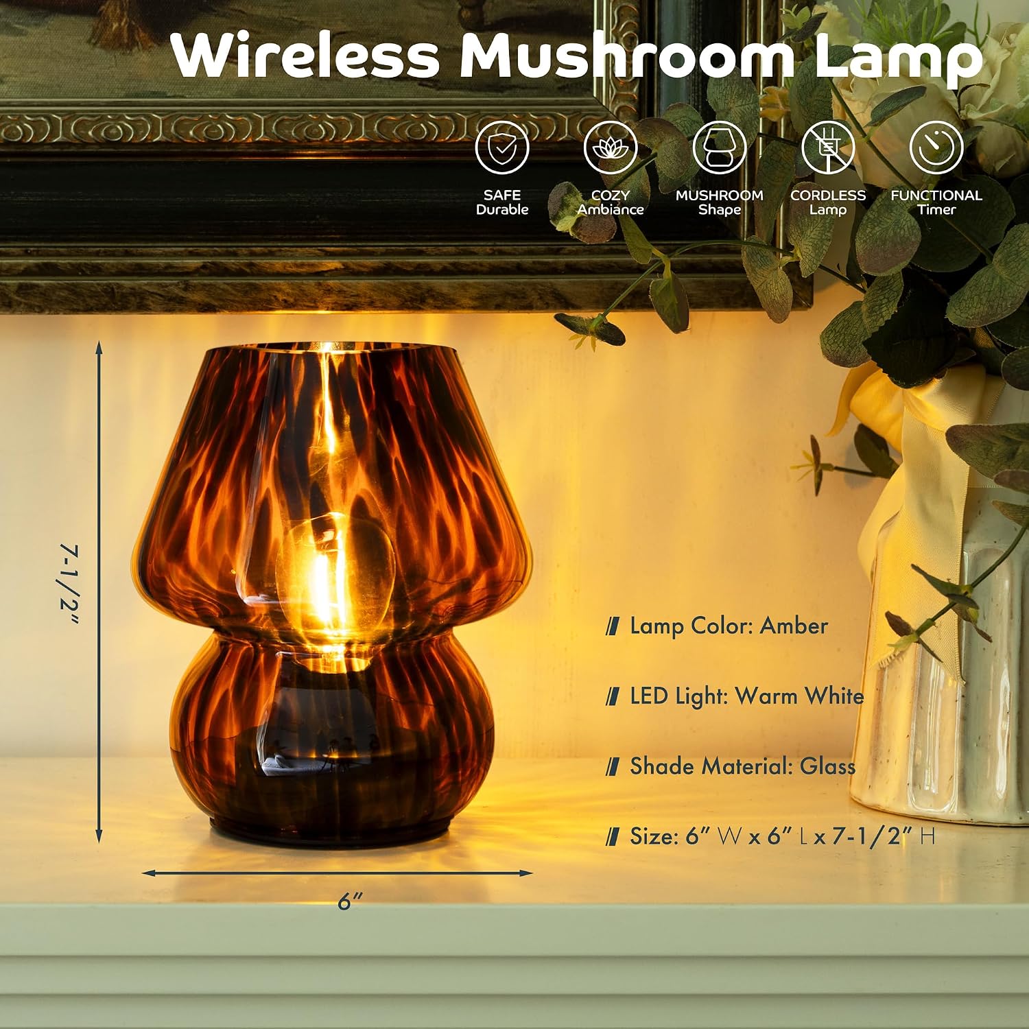 ULAROOM Battery Operated Mushroom Lamp - Vintage Small Table Lamp with Timer, Cordless Bedside Nightstand Lamp, Glass Battery Powered Lamp for Bedroom Kitchen Living Room Shelf Decor Aesthetic Amber
