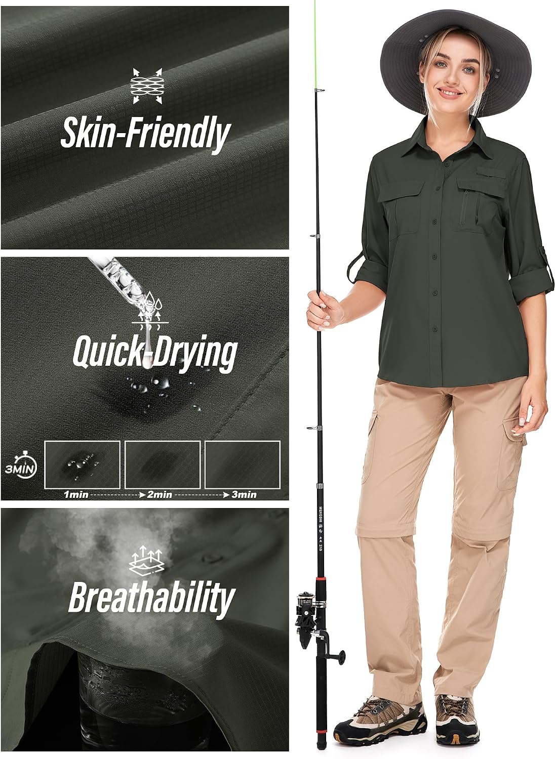 Women's UPF 50 Long Sleeve Sun Protection Safari Fish Hiking Shirts