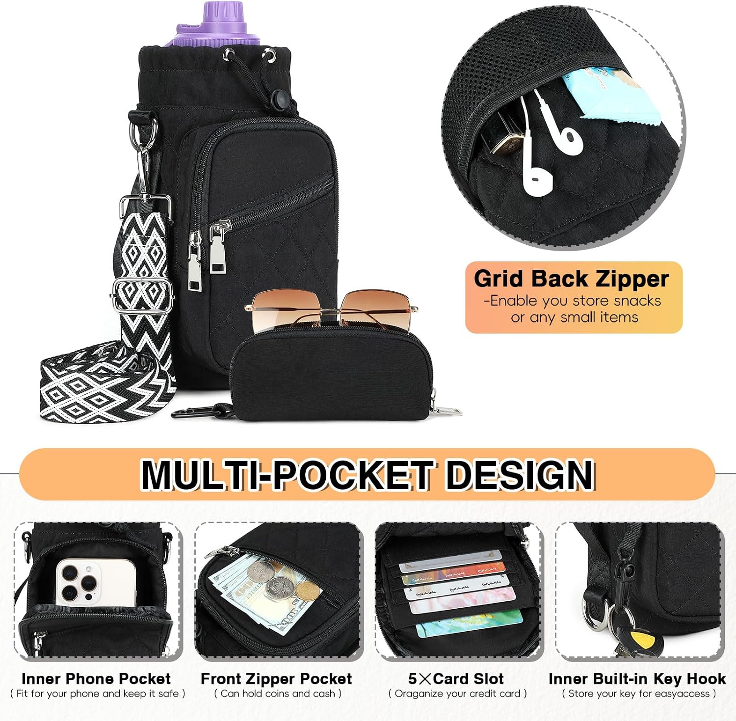 AGLOD Water Bottle Carrier Bag with Strap, Water Bottle Holder Crossbody Bags for Women Men for Walking, Hiking,Cycling
