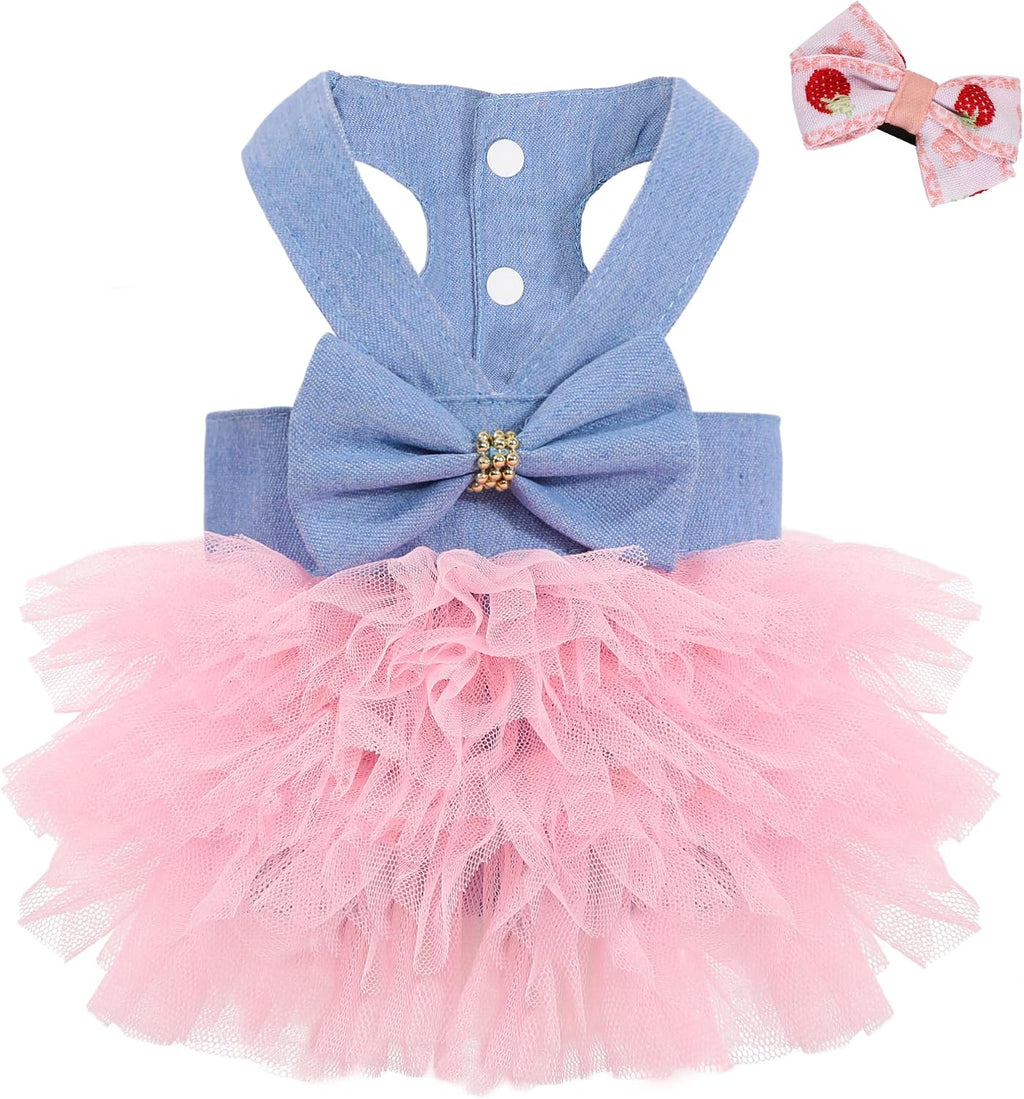 Dog Dress, Fashion Puppy Tutu Princess Dresses for Small Dogs Girl, Sweet Skirt with Dog Bowknot Clips, Spring Dog Cat Clothes Pet Apparel (Denim Princess Dress, XX-Small)