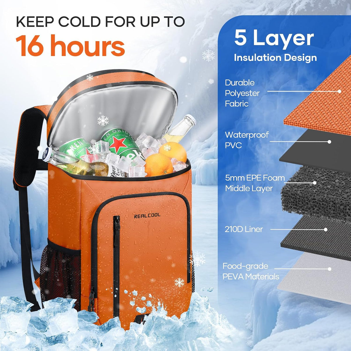 RealCool Insulated Cooler Backpack, 33 Can Leakproof Soft Camping Bag