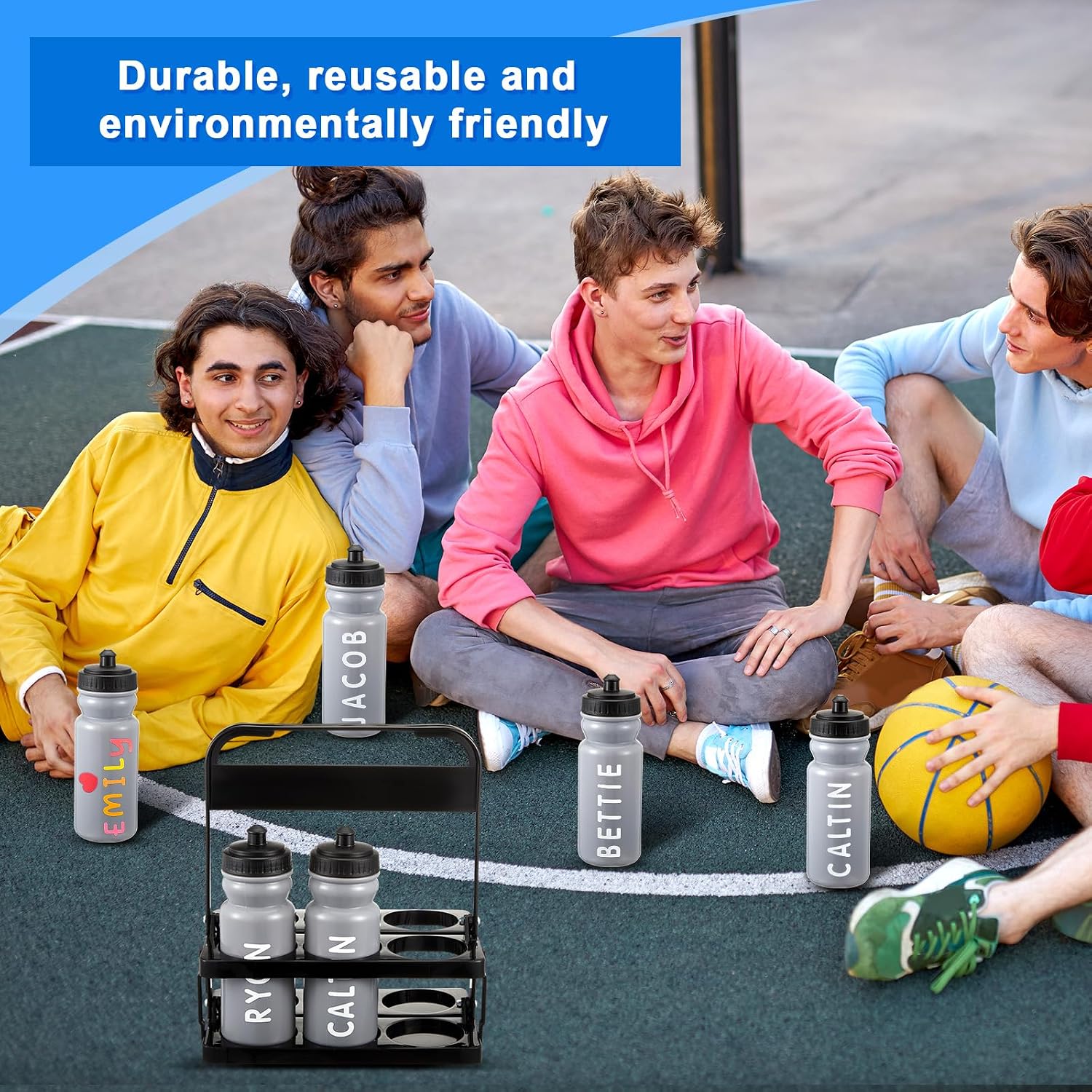 Suclain Squeeze Water Bottles with Carrier, 7 Pcs, Grey