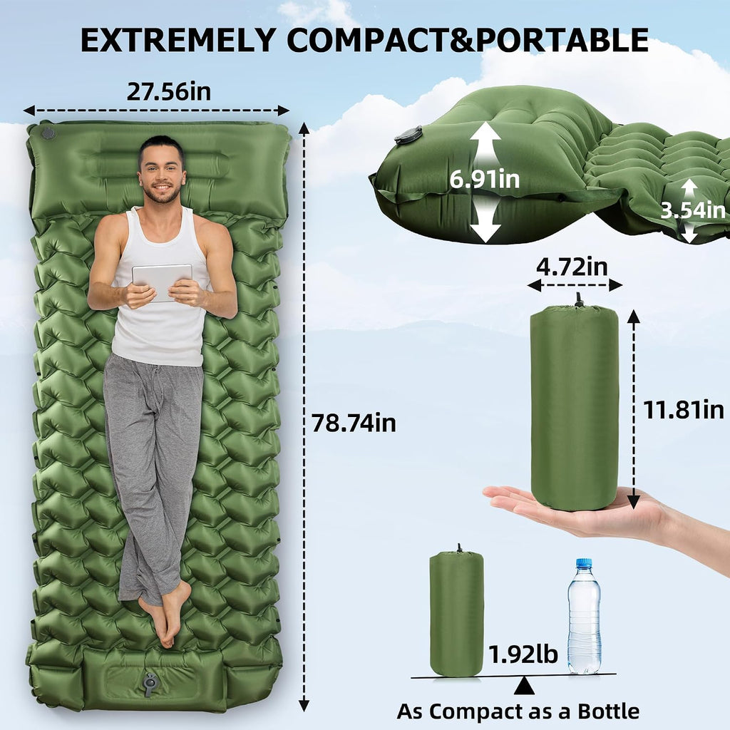 Toncoke Sleeping Pad, Extra Thick & Ultralight Inflatable Sleeping Pad with Pillow, 30s Foot Pump, 3.54” Camping Mat for Comfort, Durable for Camping, Hiking, Backpacking