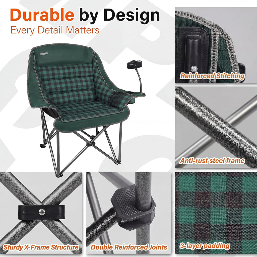 Oversized Camping Chairs for Adults- Heavy Duty Extra Large Lawn Chair,Folding Comfy Padded Camp Chair for Outdoor Sports Garden Beach,Wide&Thick,Green Plaid