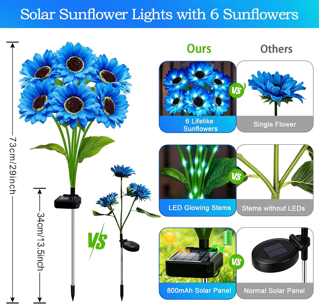 MRHEPHAESTUS Solar Garden Lights Outdoor, 6 Pack Solar Blue Sunflower Lights with 18 Head 3.5 Inch Flowers, Waterproof Flowers Light Fall Decor Auto ON/Off for Garden Yard Patio, Gifts for Mom Women