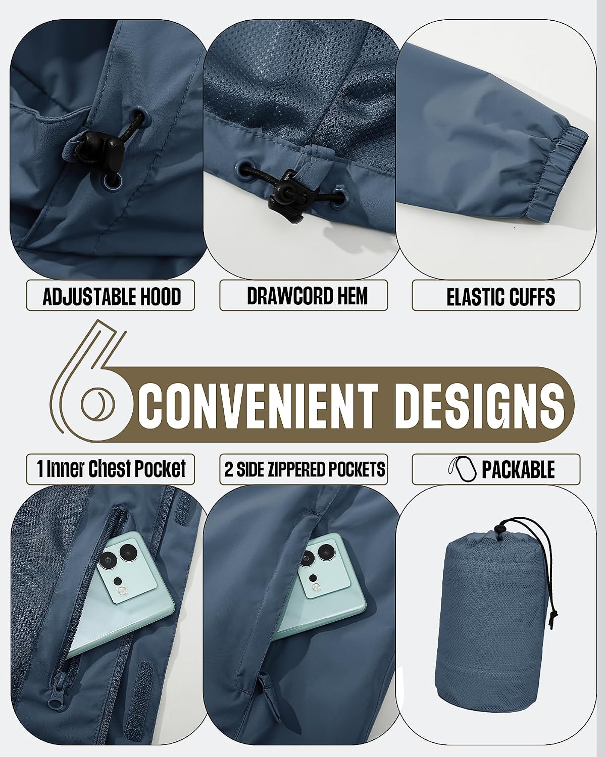 33,000ft Men's Waterproof Rain Jacket Packable Lightweight Hood Rain Shell