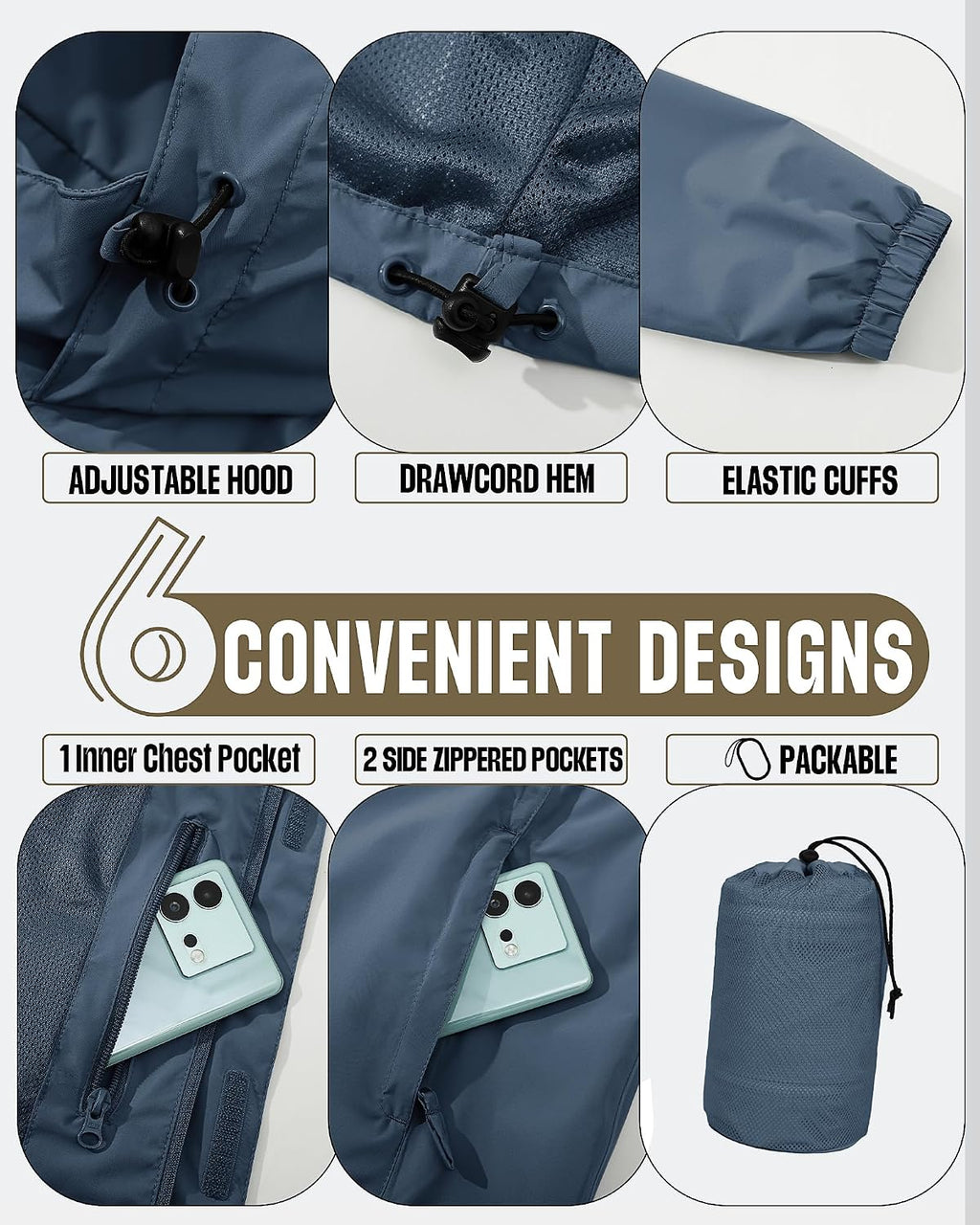 33,000ft Men's Waterproof Rain Jacket Packable Lightweight Hood Rain Shell