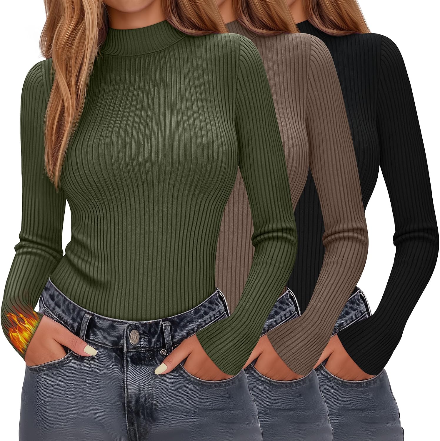 Evervibe 3 Pack Women's Ribbed Mock Neck Thermal Tops