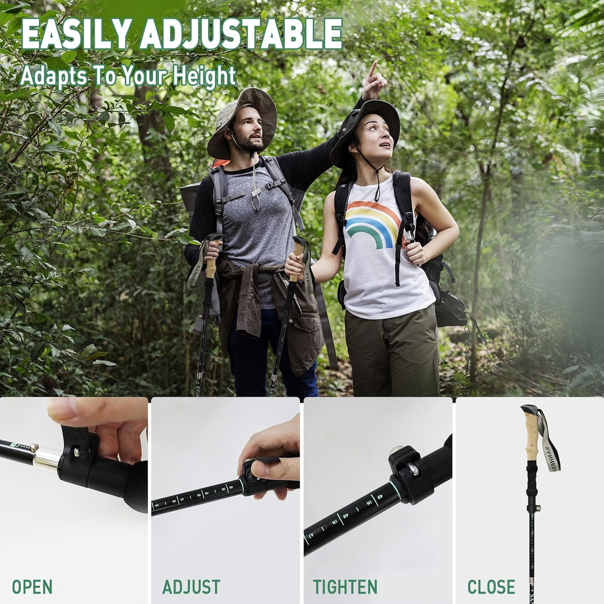 Walking Trekking Poles 2 Pack - 5 Section Lightweight Aluminium Alloy with Anti Shock & Quick Flip Lock - Cork EVA Handle, Adjustable 108-128CM - for Hiking, Camping, Travel