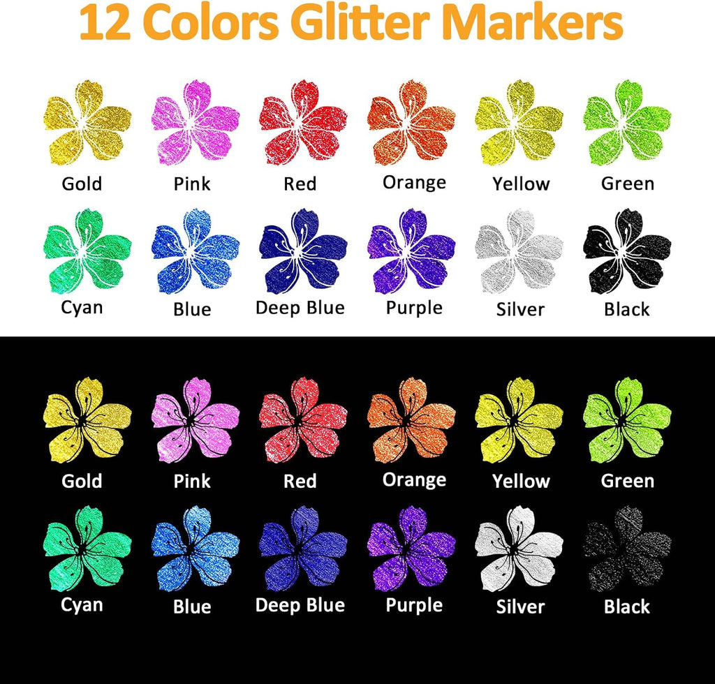 12 Colors Glitter Nail Art Pens Set, 3D Quick-Dry Water-based Ink Glitter Nail Art Markers DIY Manicure Kit for Home Salon Nail Designs, Glitter Pens Markers Nail Polish Pens Graffiti Dotting Pen