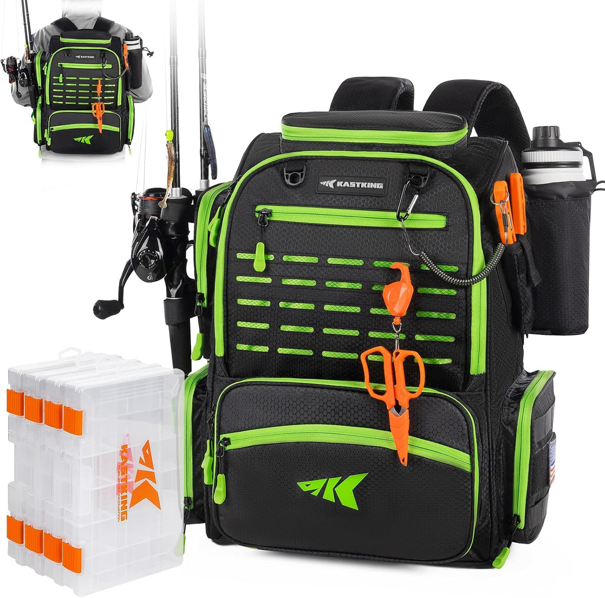 KastKing Bait Boss Fishing Backpack with Rod Holders, 4 Tackle Boxes