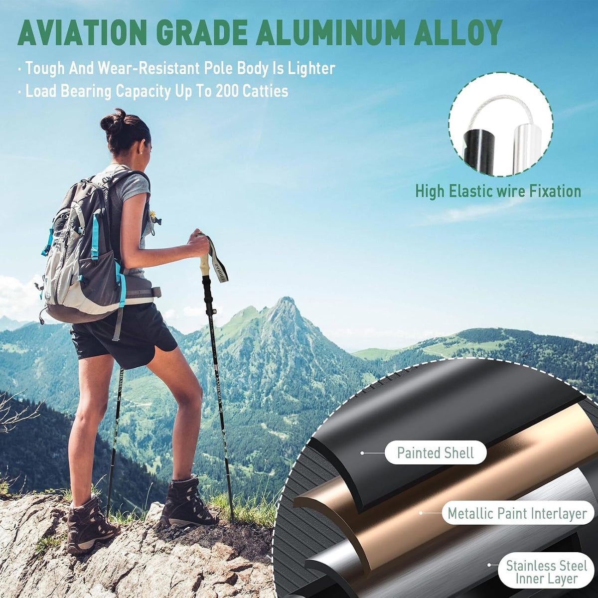 Walking Trekking Poles 2 Pack - 5 Section Lightweight Aluminium Alloy with Anti Shock & Quick Flip Lock - Cork EVA Handle, Adjustable 108-128CM - for Hiking, Camping, Travel