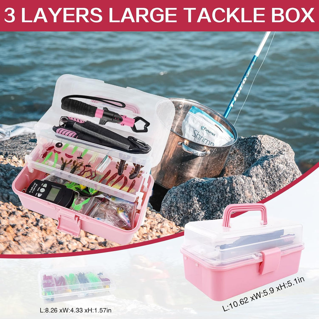 3-Layer Pink Fishing Tackle Box Lure kit with Tackle Included Fishing Gear