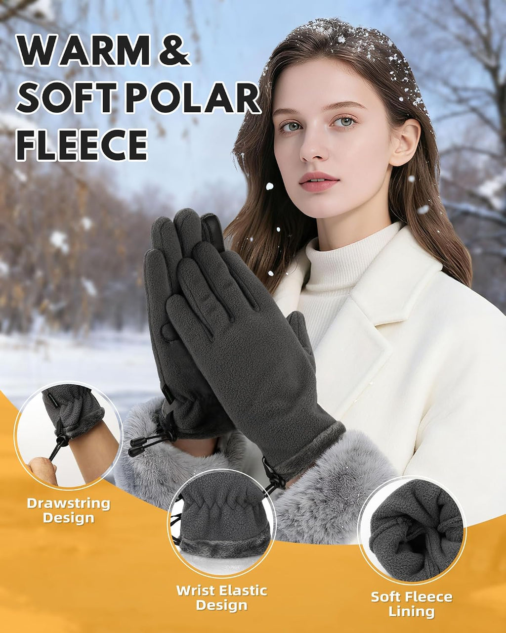 Winter Warm Gloves for Women - Fashion Style Windproof Cuffs Soft fleece - Touchscreen Thermal Flexible Gloves