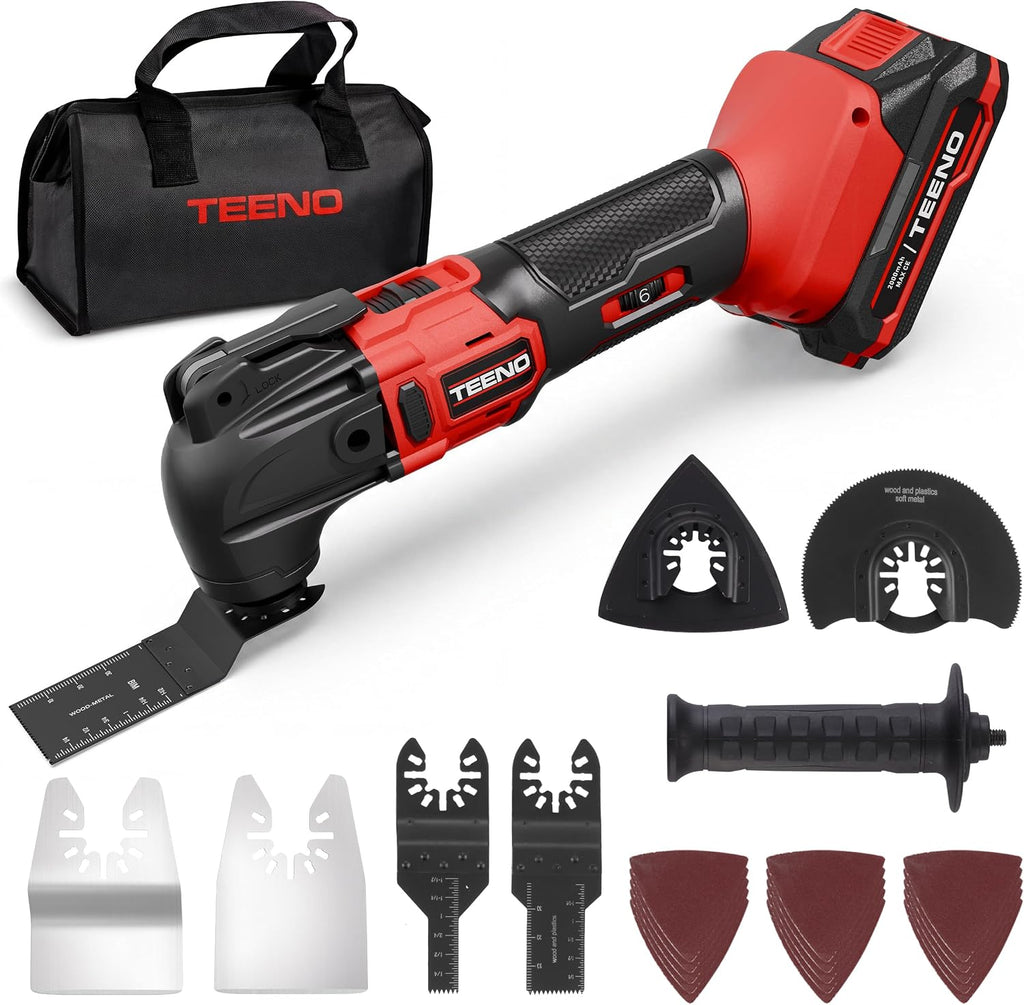 TEENO 20V Cordless Oscillating Tool, 4° Oscillation Angle Oscillating Saw, 6 Variable Speeds with Quick-Lock Change System, 26PCS Multitool Blades & Carrying Bag for DIY Projects